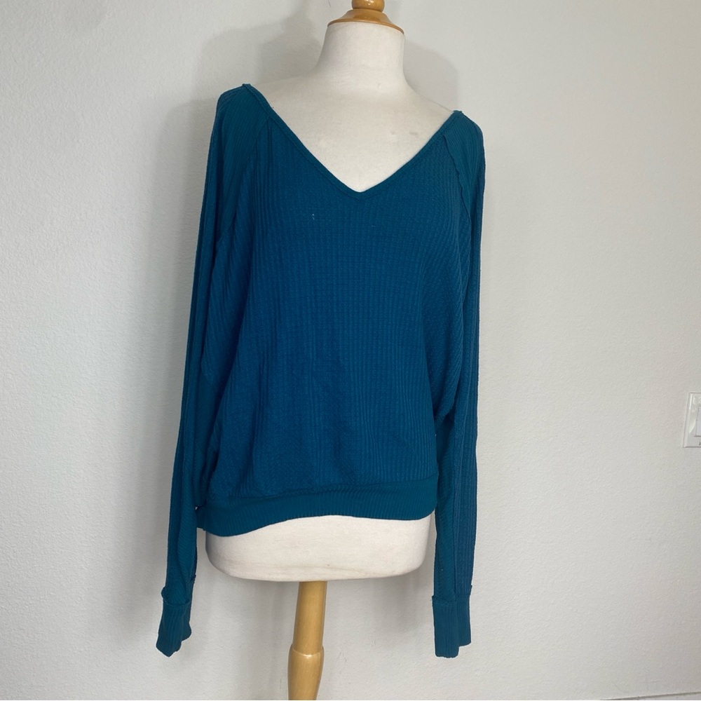 Free People We the Free Teal Waffle Knit Batwing Oversize Top Size Large Casual